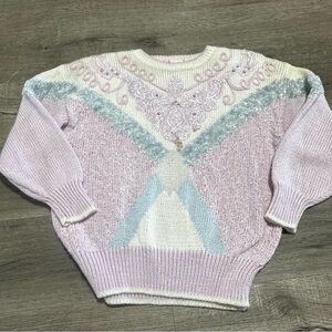 Coquette Girly Bow Pearl Vintage Sweater in Pink and White, size L